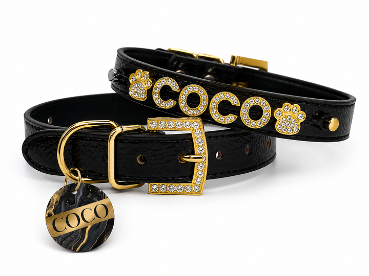 Personalized Collar | Black Pebble and Gold
