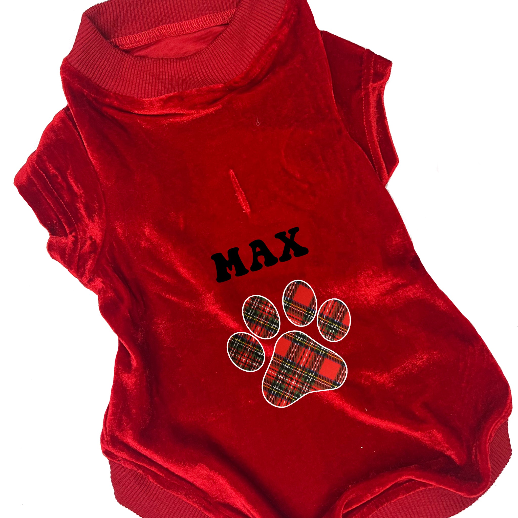 Personalized Holiday Plaid Paw Red Velvet Fleece