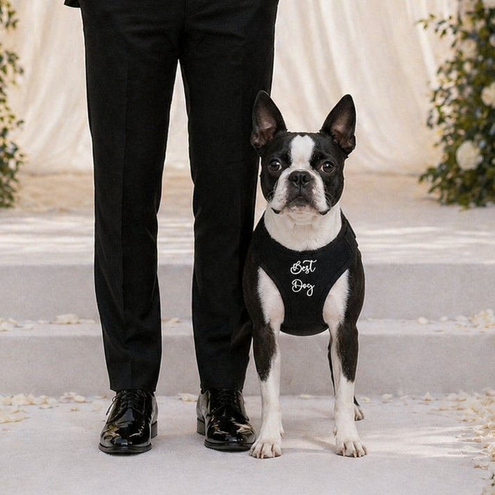 Man in a black suit standing next to a dog in a tuxedo with floral decorations in the background.