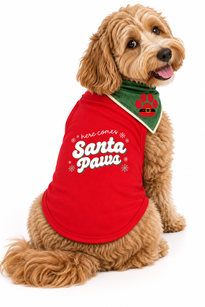 Christmas Dog Tee & Bandana Combo | Here Comes Santa Paws