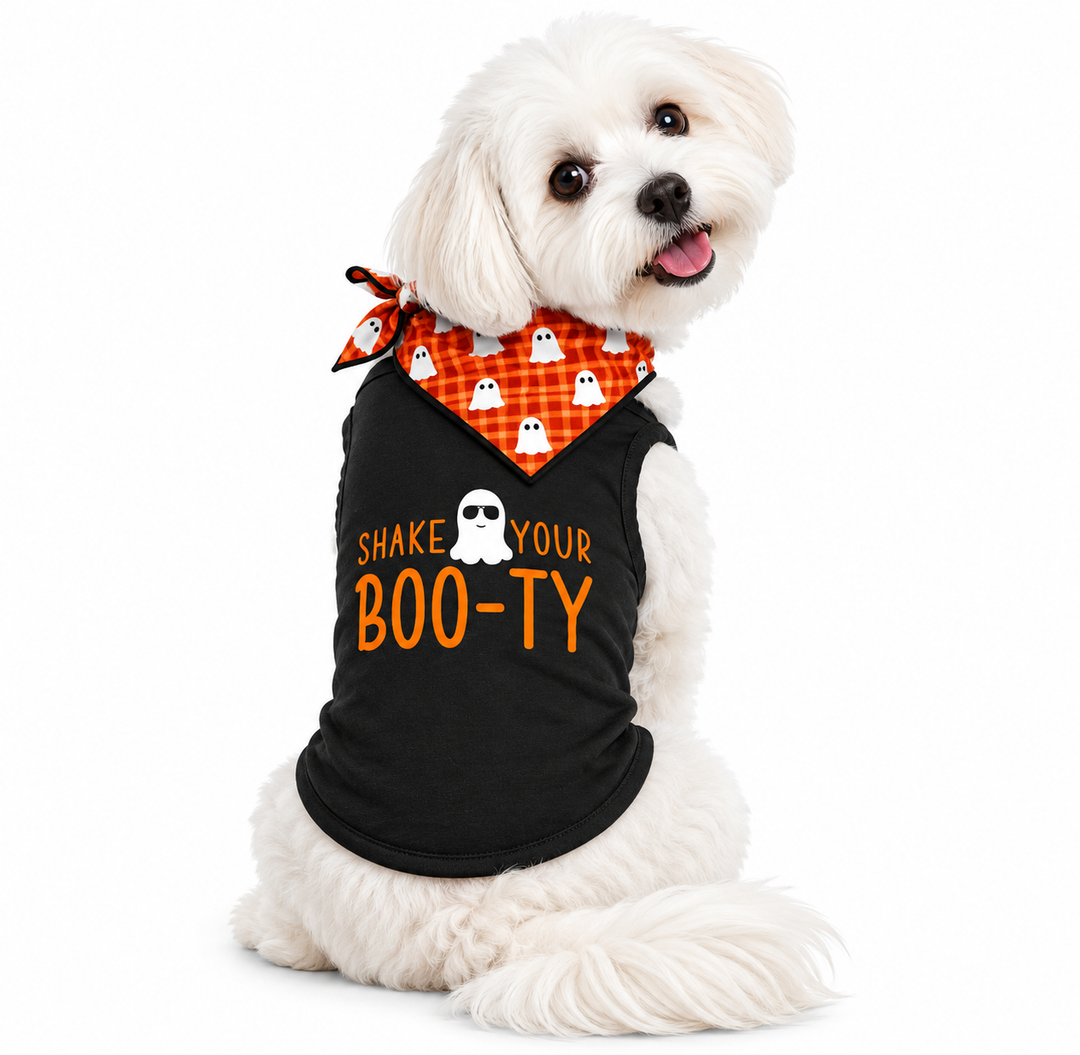A small white dog wearing a black Halloween shirt with orange text reading 'SHAKE YOUR BOO-TY' and a ghost graphic, plus an orange plaid bandana with white ghosts, on a white background.