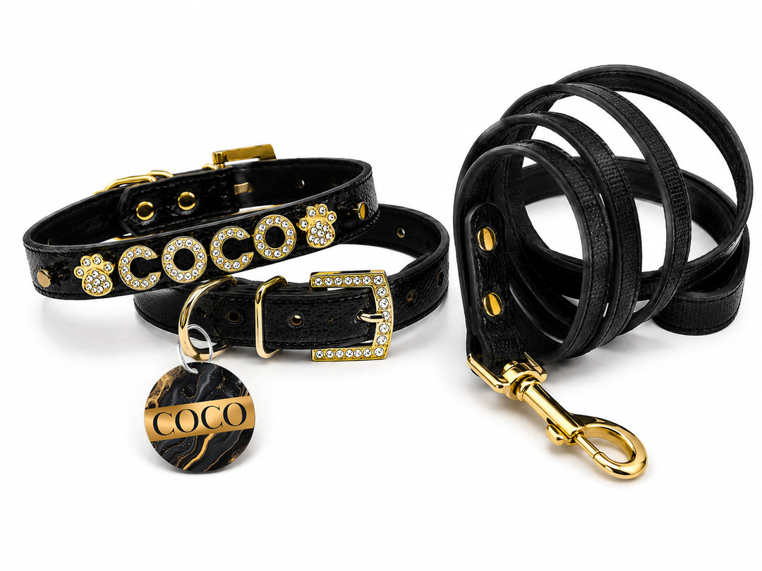 Personalized Collar | Black Pebble and Gold