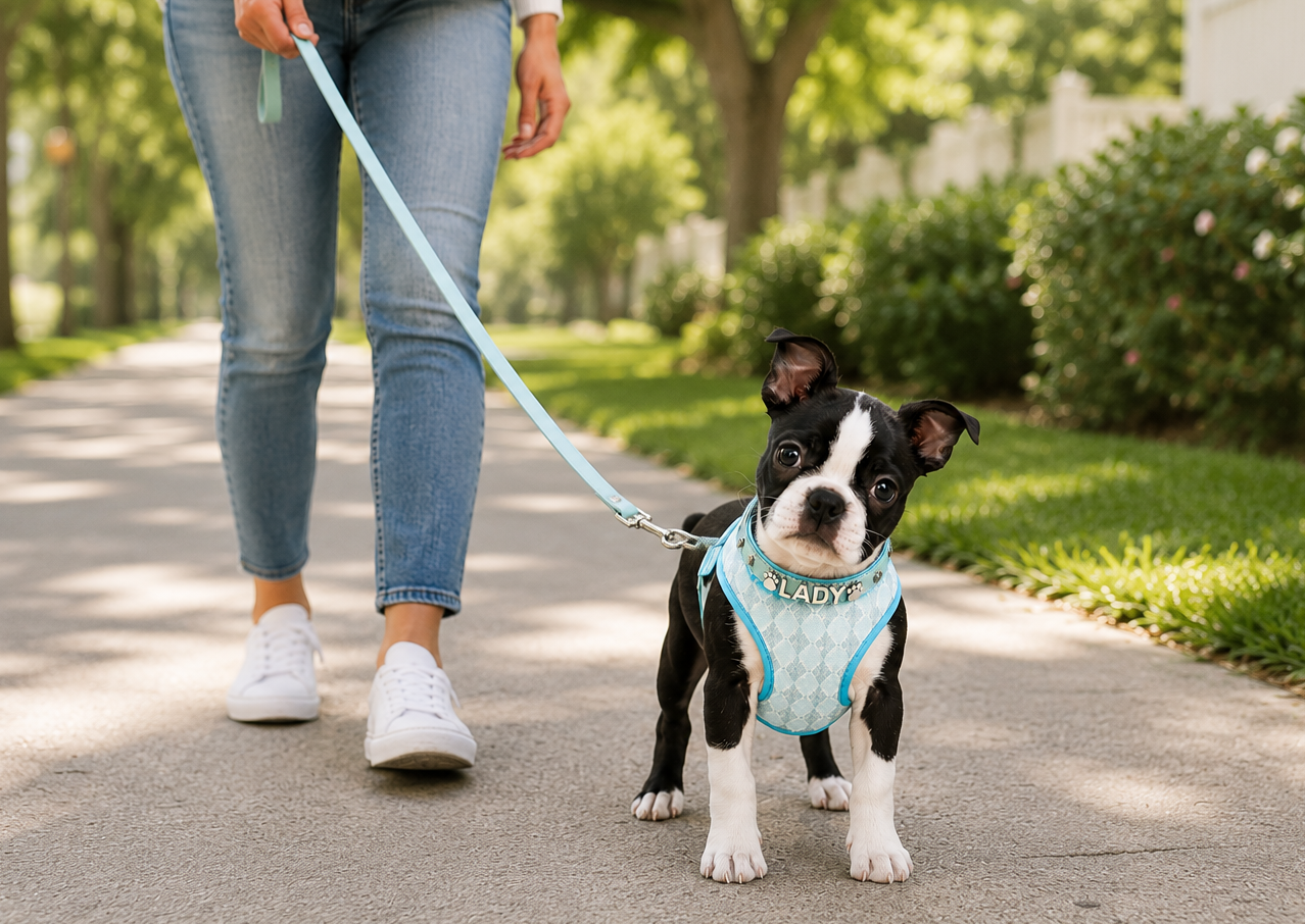 Person walking a small black and white dog on a leash in a park-like setting