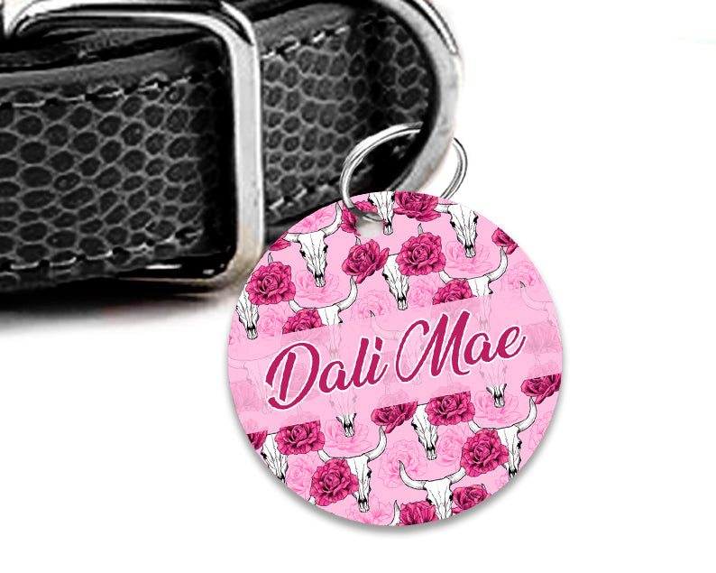 Pet ID Tag | Pink Boho Skull