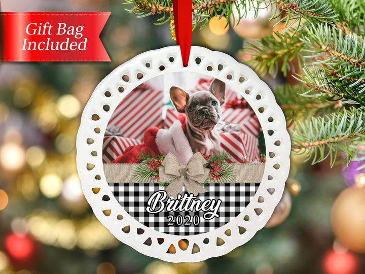 Personalized Christmas Ornament | Black And White Buffalo Plaid